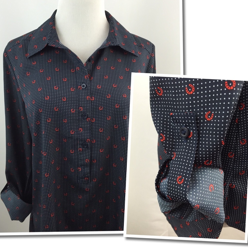 Ann Taylor Blue White Red Horseshoe Dots Print Long Sleeve Button Shirt